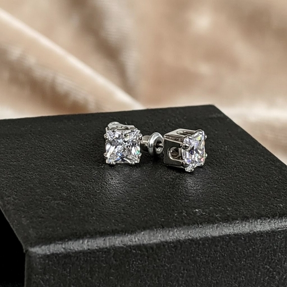 6mm Princess Cut Vintage Stud Earrings - .925 Silver Overlay AAA CZ VVS Clarity - Picture 2 of 3
